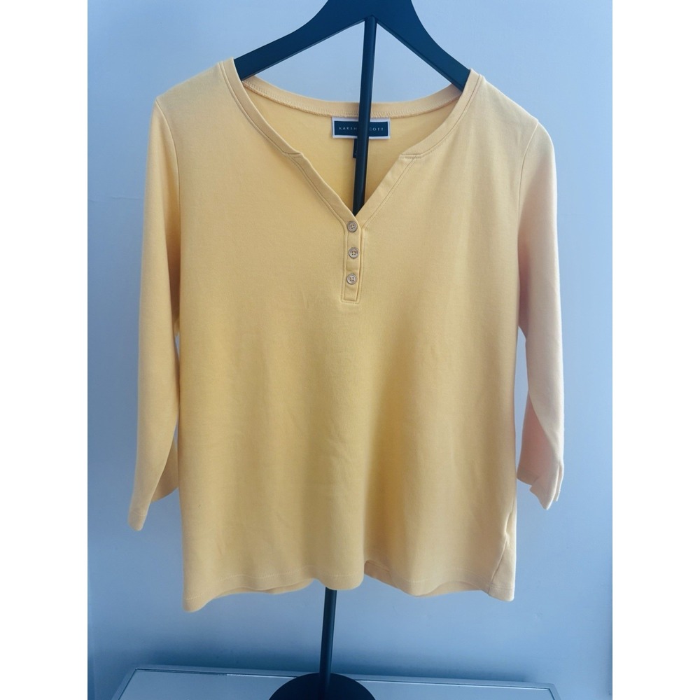 Karen Scott Yellow Cotton Henley Top Women's Sz M 3/4 Sleeve Button Neck